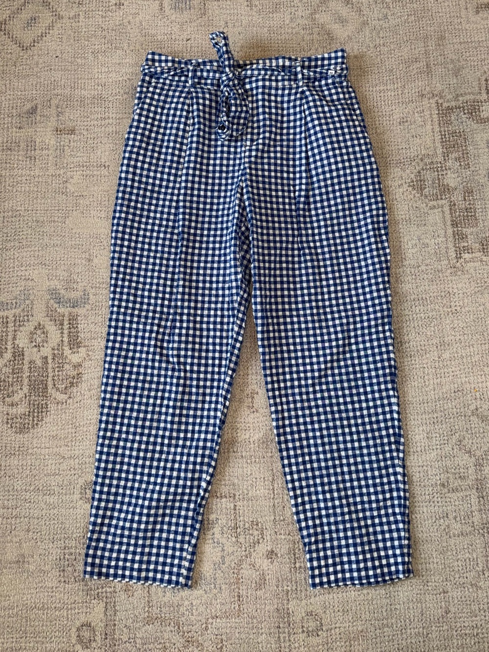 Banana Republic Taper Crop Gingham Blue and White Pants